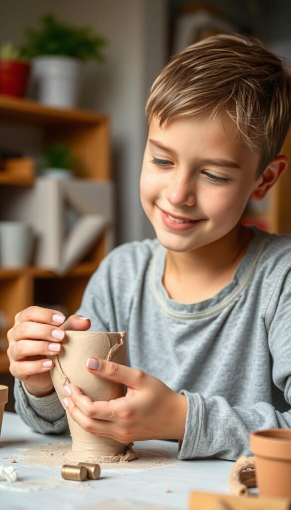 Create an image of a teen shaping air dry clay into a mini planter pot.
