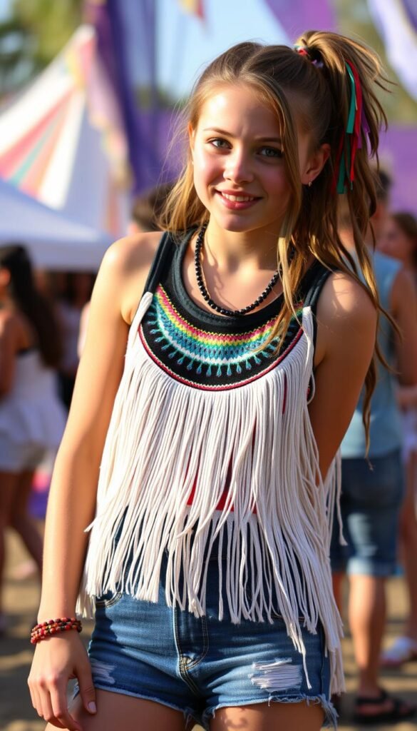 Create an image of a teen transforming a plain tank top into a fringed festival tank.