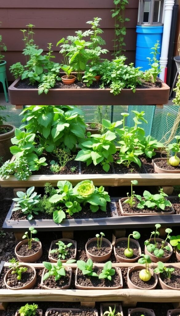 Create an image of a thriving vegetable garden with various DIY setups