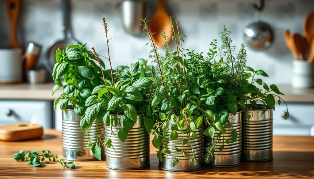 Create an image of a tin can herb garden on a kitchen counter.