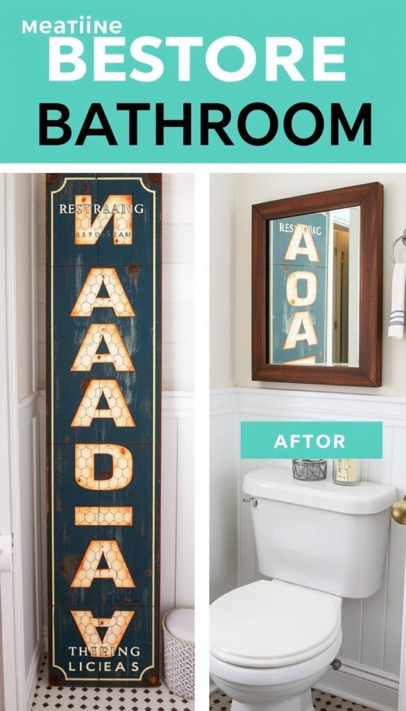 Create an image of a vintage sign being restored for bathroom wall art.
