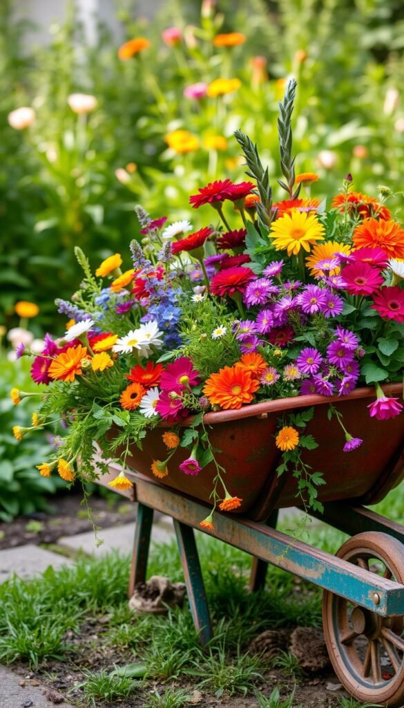 Create an image of a wheelbarrow filled with colorful flowers and herbs.