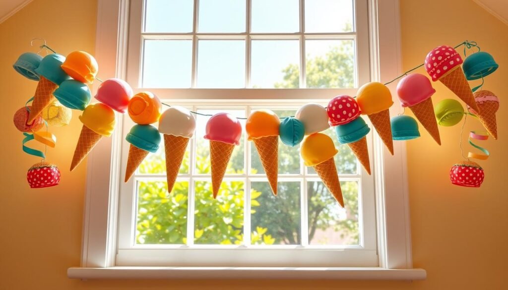 Create an image of an ice cream cone garland hanging in a window.