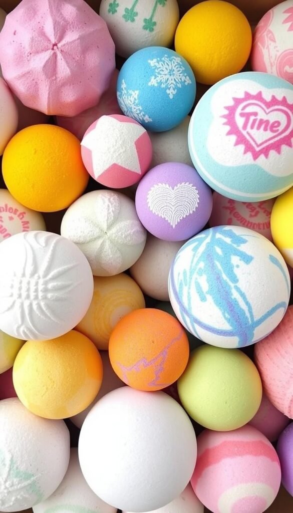 Create an image of colorful bath bombs in various shapes and sizes.