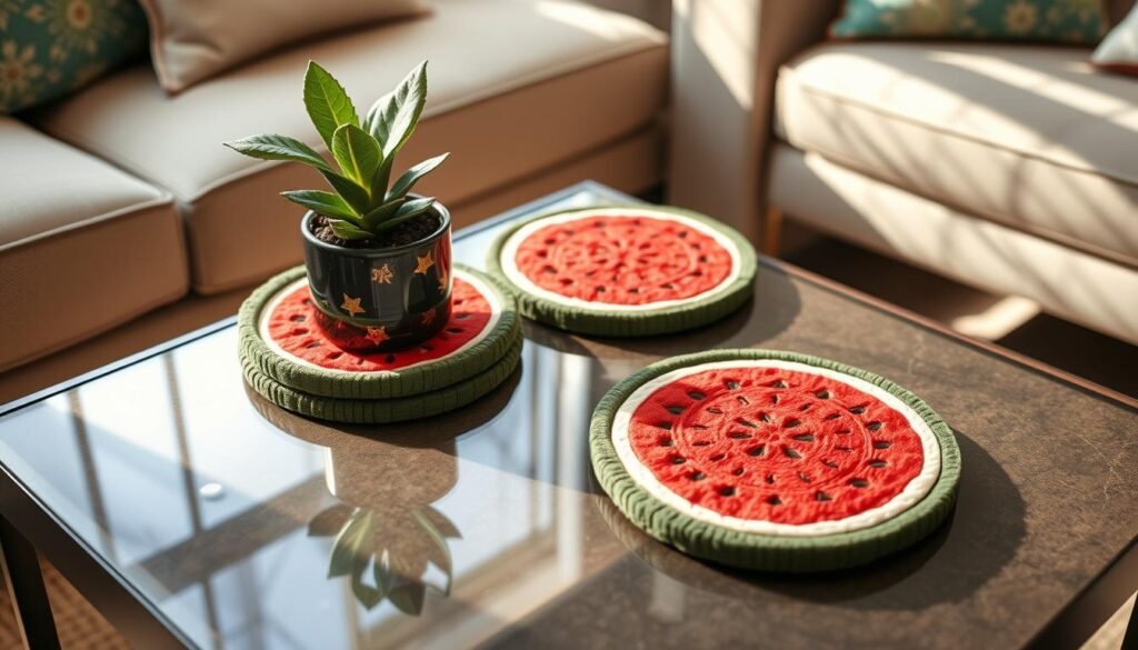 Create an image of handmade watermelon coasters on a coffee table.