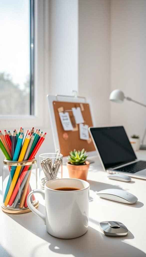 Crisp sunlight filters through a large window, illuminating a neatly organized desk. In the foreground, a sleek white ceramic mug holds a steaming beverage, accompanied by a gold-trimmed glass jar filled with colorful pens. Nestled beside them, a minimalist desk organizer showcases an assortment of brushed metal paper clips and binder clips. In the middle ground, a potted succulent adds a touch of greenery, while a slim, white-framed bulletin board displays a few handwritten notes. The background features a clean, white desktop surface, with a laptop, wireless mouse, and a chic desk lamp casting a warm glow. The overall scene exudes an aura of effortless style and productivity, creating the perfect backdrop for a modern, aesthetically pleasing workspace.