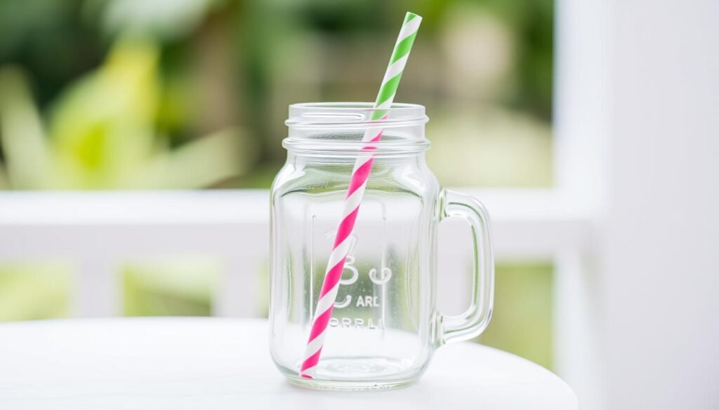 Decorated mason jar drinking glass with colorful straw