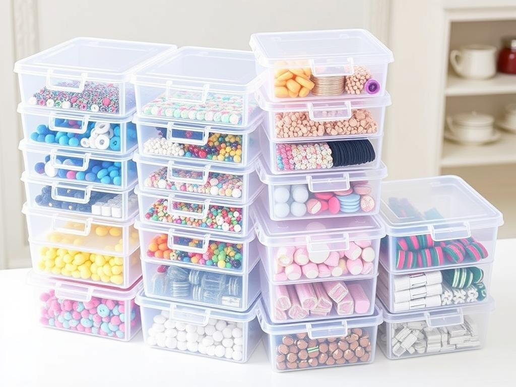 Deflecto clear stackable storage bins with dividers for organizing small craft supplies as DIY storage ideas