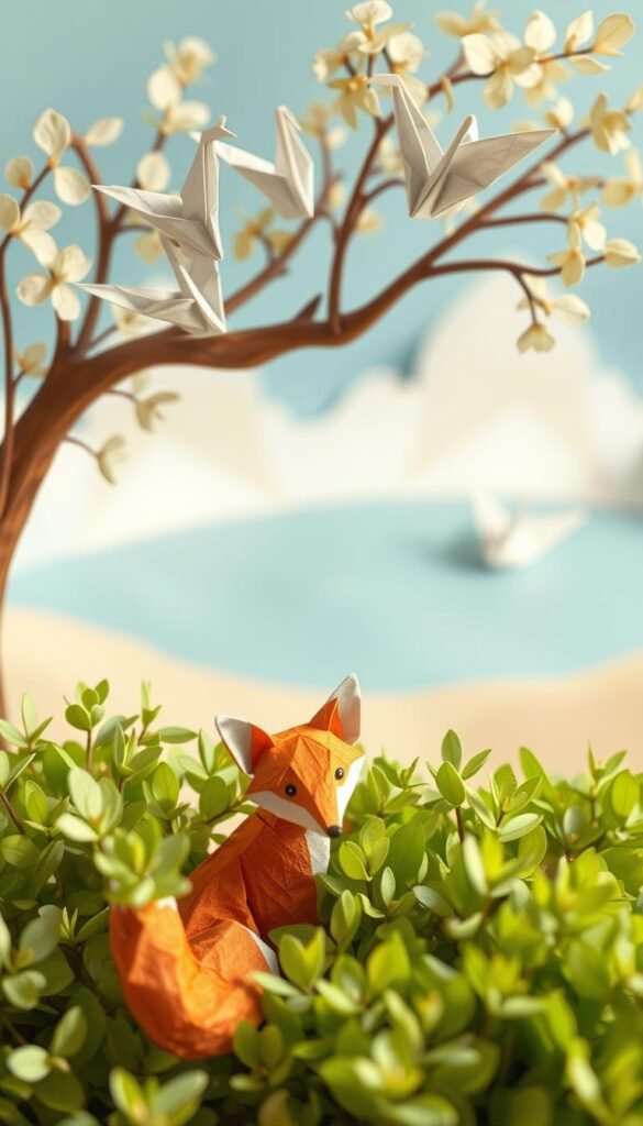 Delicate paper animals nestled in a whimsical paper landscape. A trio of origami cranes, their wings outstretched, perched atop a paper tree with delicate paper leaves. In the foreground, a curious paper fox peers out from behind a paper bush, its intricate paper fur catching the soft, warm lighting. In the background, a serene paper lake reflects the playful paper creatures, creating a captivating and imaginative paper world. Crisp, clean lines and precise folds bring these charming paper creations to life, evoking a sense of childlike wonder and delight.