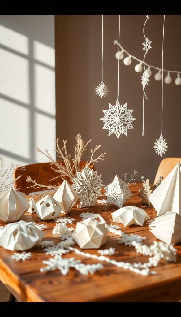 Delicate paper crafts in a warm, cozy setting. A collection of intricate paper ornaments, garlands, and decorative elements arranged on a rustic wooden table. Soft, natural lighting casts gentle shadows, highlighting the textures and folds of the paper. In the background, a neutral wall provides a clean, minimalist backdrop, allowing the handcrafted pieces to take center stage. The overall mood is one of simplicity, craftsmanship, and a touch of whimsy, inviting the viewer to imagine these paper creations adorning a cozy home interior.