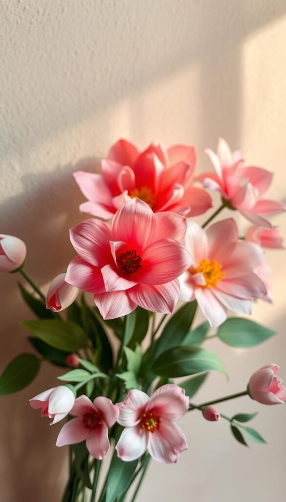 Delicate paper flowers blossoming in a serene scene, petals softly curled and layered, captured in warm natural lighting. A beautifully crafted arrangement showcasing intricate folding and cutting techniques, conveying a sense of artisanal elegance. The flowers are displayed against a muted, textured background, allowing their vibrant colors and organic shapes to take center stage. The composition is balanced and visually appealing, with a focus on the exquisite handcrafted details that make these paper blooms truly captivating. An enchanting tableau that inspires the viewer to create their own beautiful paper flower art.