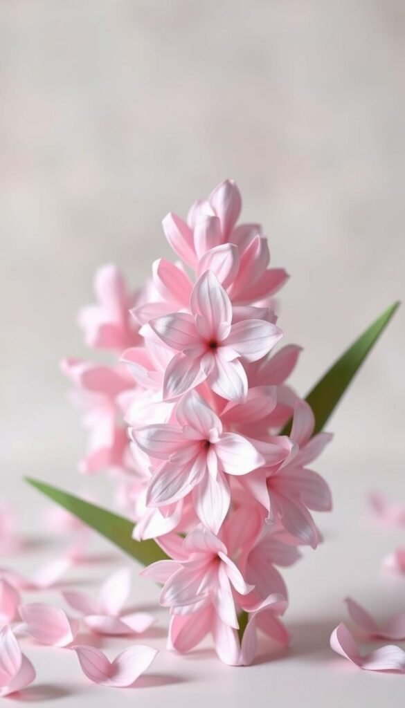 Delicate paper roll hyacinth flowers in soft pastel shades, petals meticulously layered to create a captivating 3D effect. The blossoms are set against a tranquil, soft-focus background, with a natural, dreamy lighting that casts gentle shadows and highlights the intricate paper textures. The composition places the flowers in the center, creating a serene and visually appealing focal point. The overall mood is one of whimsical charm and effortless elegance, perfectly suited to showcasing a DIY craft project for summer.