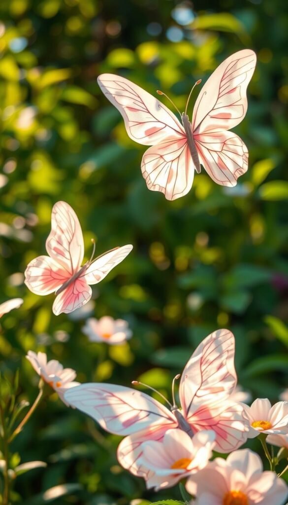 Delicate tissue paper butterflies in a serene summer garden. Layers of translucent, pastel-colored wings fluttering gracefully against a backdrop of lush green foliage and warm, diffused sunlight. Soft, natural textures and a sense of whimsical movement capture the imagination. The butterflies appear to dance and take flight, inviting the viewer to join in the playful, carefree spirit of the scene. Crisp, high-resolution details showcase the intricate folds and organic shapes of the paper constructions. An uplifting, enchanting composition that celebrates the simple joys of summertime and the art of crafting.