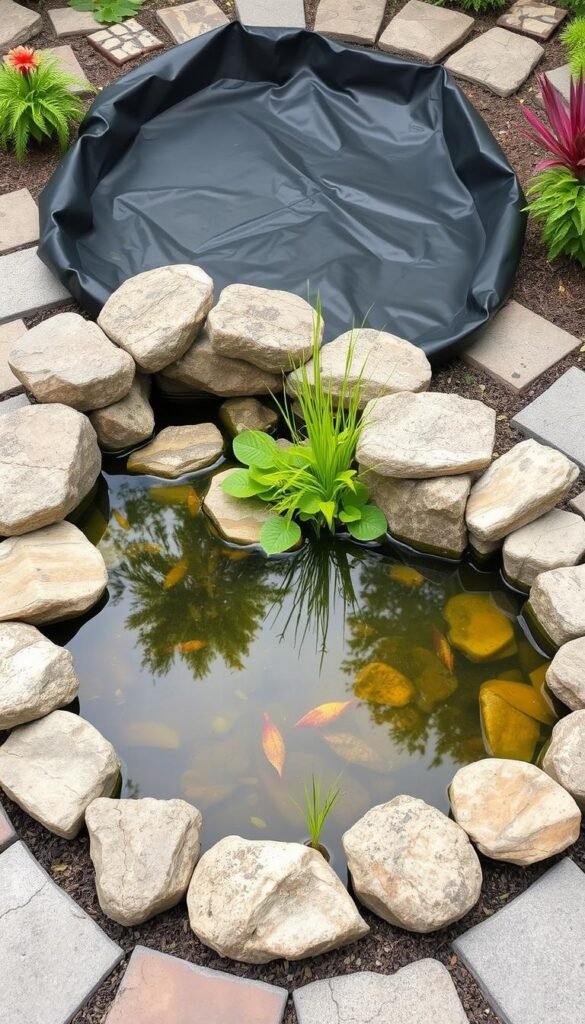 Design a mini pond with a pond liner, pump, and filter, surrounded by natural paving stones.