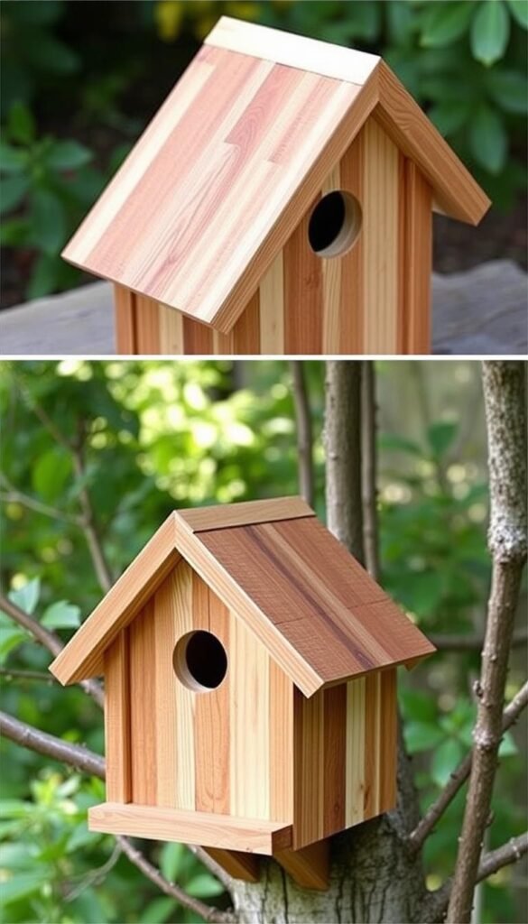 Design a small birdhouse using reclaimed wood and a simple roof design.