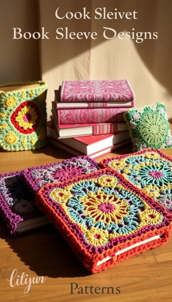 Detailed crochet book sleeve designs in a cozy, rustic setting. A collection of vibrant, intricately patterned book sleeves in the foreground, arranged neatly on a wooden surface. Warm, natural lighting casts a soft glow, highlighting the intricate stitches and textures. In the middle ground, a stack of books with the book sleeves adorning them, showcasing how the designs would look in practical use. The background features a neutral, earthy tone, perhaps a subtle fabric or wall texture, allowing the crochet designs to take center stage. The overall scene conveys a sense of handcrafted elegance and functional style.