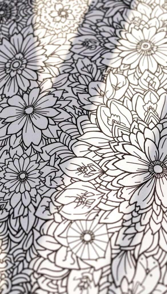 Detailed, intricate coloring pages with ornate floral patterns, delicate line work, and mesmerizing symmetrical designs. A tightly focused close-up view showcases the complexity and artistry of these advanced-level pages, inviting the viewer to immerse themselves in the meditative act of coloring. Warm, natural lighting casts soft shadows, highlighting the textural quality of the paper and the precision of the illustrations. The overall mood is one of contemplative serenity, inspiring the adult colorist to lose themselves in the creative process.