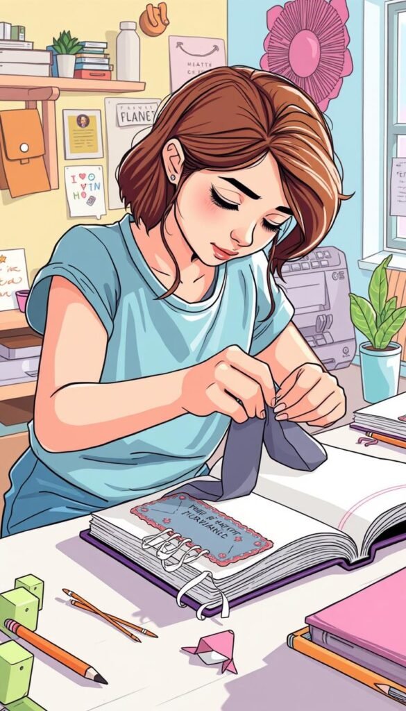 Display a teen gluing fabric onto a journal cover.