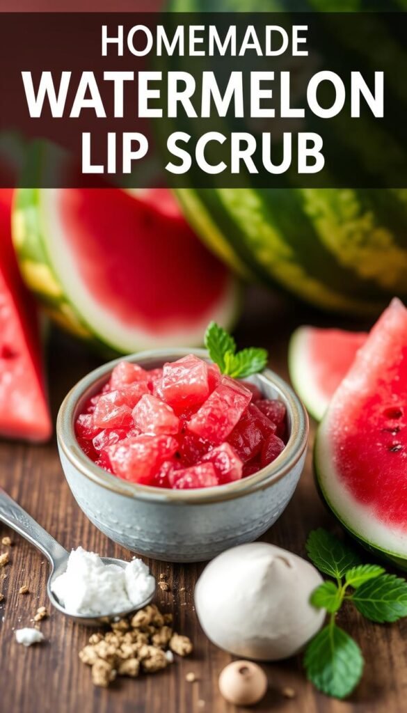Display an image of a homemade watermelon lip scrub in a small bowl.