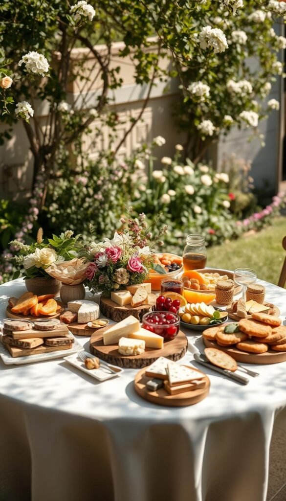Elegant grazing table set in a sunlit garden, with an ornate, rustic wooden table dressed in soft linen, delicate floral arrangements, and an array of artisanal cheeses, cured meats, fresh fruits, and crusty breads. Muted, earthy tones create a warm, inviting ambiance, while the natural light casts gentle shadows and highlights the textures of the spread. The table is framed by lush greenery and blooming flowers, evoking a sense of refined, effortless elegance. A high-quality DSLR camera captures the scene from a slightly elevated angle, showcasing the visually stunning and sumptuous display.