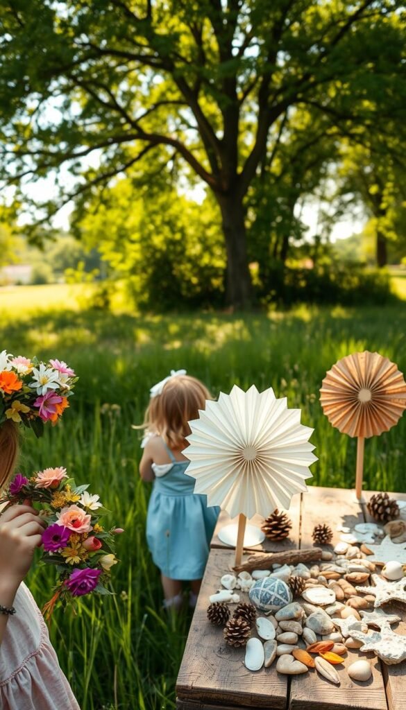 Enchanting nature-inspired summer crafts unfold in a sun-dappled meadow. In the foreground, children's hands weave intricate flower crowns from vibrant blooms. The middle ground showcases delicate paper fans in whimsical leaf and petal motifs, their intricate designs catching the gentle breeze. In the background, a rustic wooden table displays an array of natural materials - pinecones, seashells, river stones - waiting to be transformed into captivating treasures. Soft, golden light filters through the canopy of lush, verdant trees, imbuing the scene with a warm, inviting atmosphere. A sense of wonder and creativity permeates this tranquil, outdoor oasis.