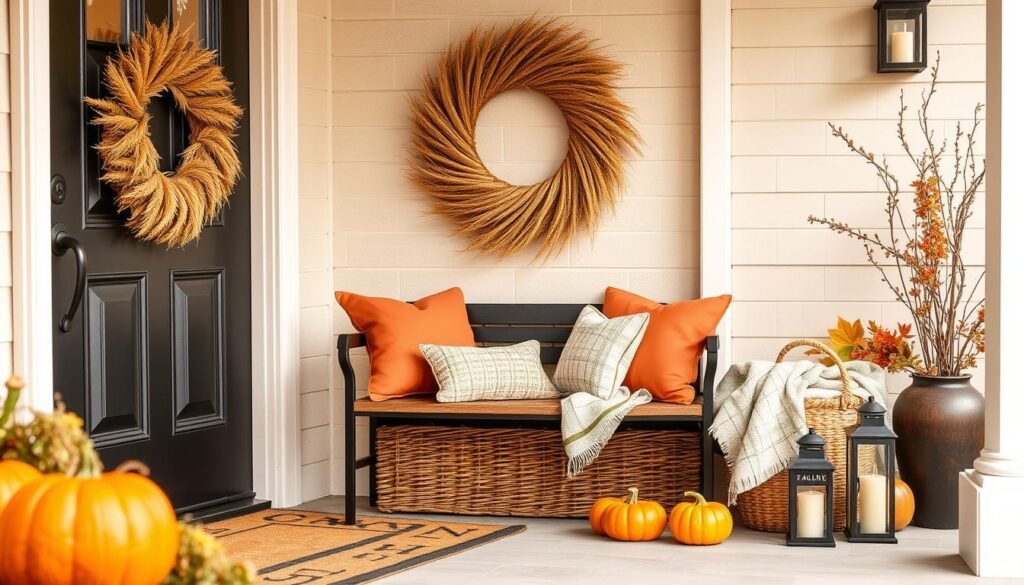 Fall-decorated entryway with wreath, welcome mat, and seasonal accents