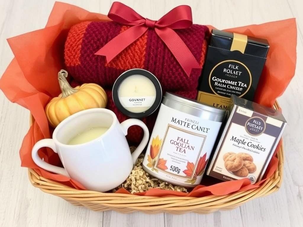 Fall gift basket with cozy items including mug, candle, throw, and treats