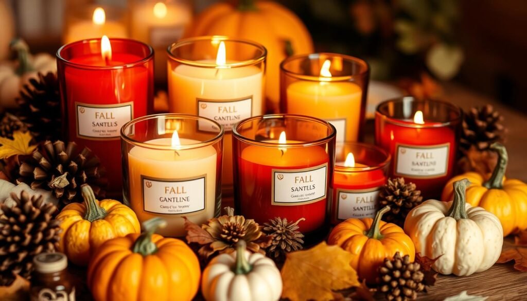 Fall-scented candles arranged with autumn decor elements creating warm ambiance