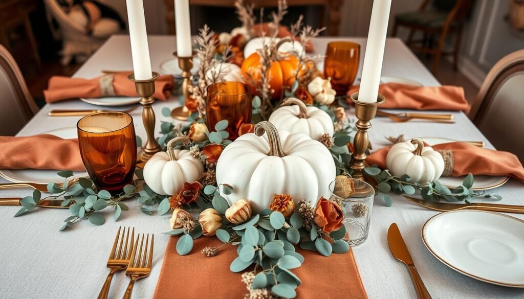 Fall table setting with eucalyptus runner, amber glassware, and ceramic pumpkins