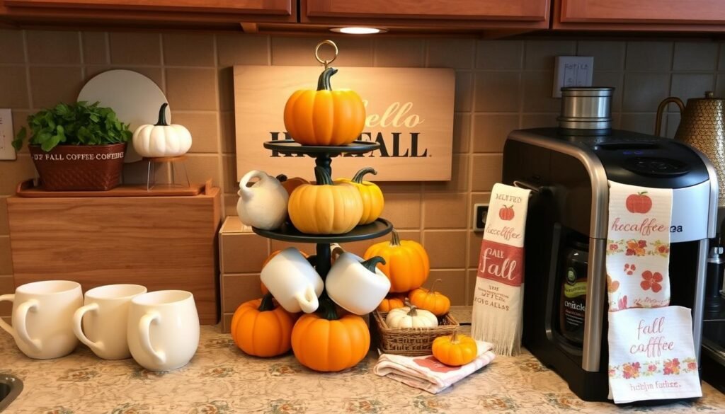 Fall-themed kitchen coffee station with pumpkin mugs and autumn decor