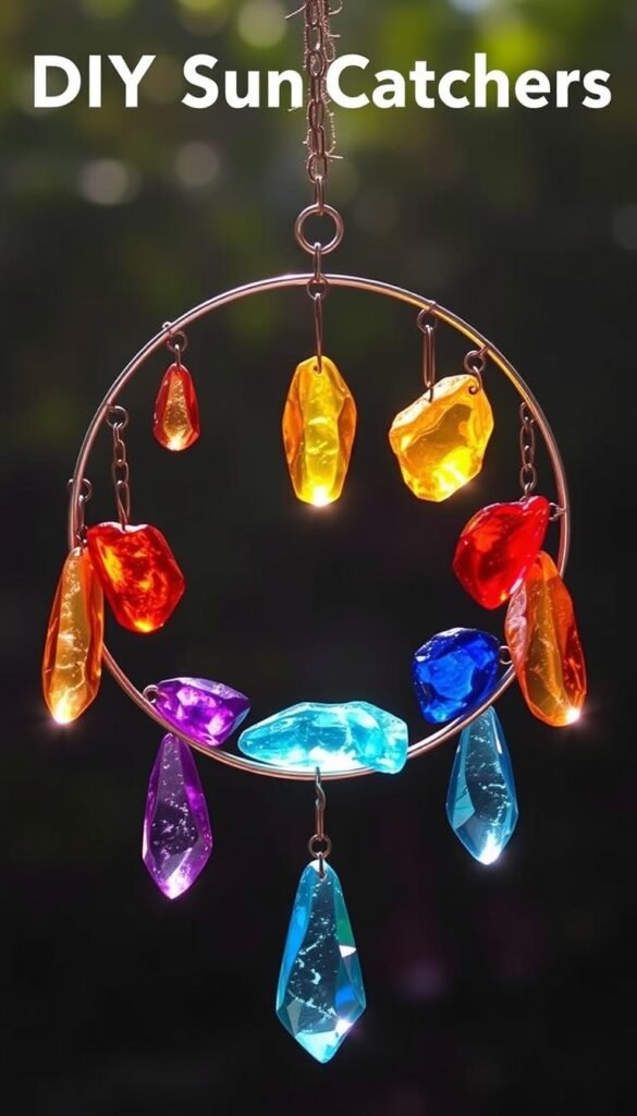 Generate an image of a DIY sun catcher with crystal pieces hanging from a metal ring.