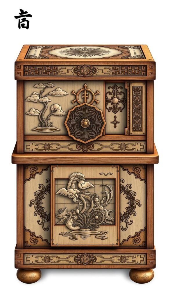 Generate an image of a Traditional Japanese Puzzle Box with intricate designs and sliding panels.