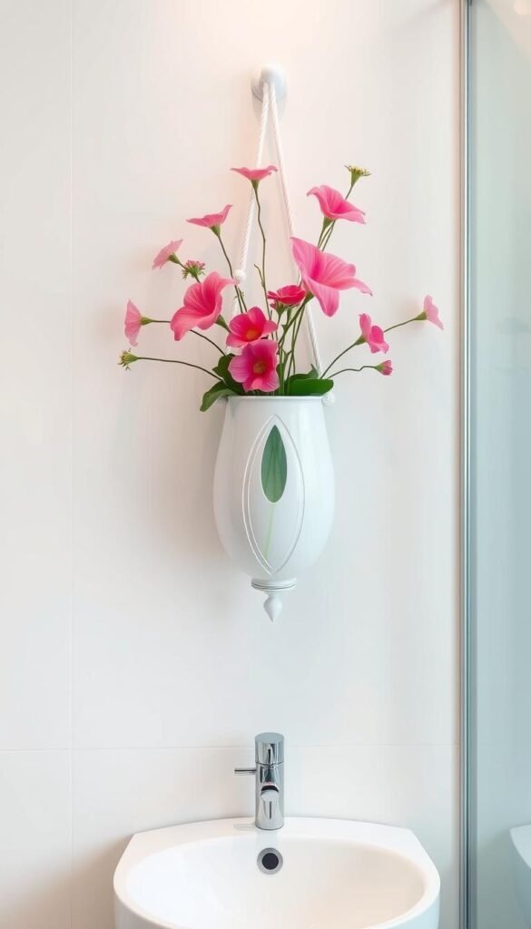 Generate an image of a beautifully decorated hanging wall vase in a bathroom.