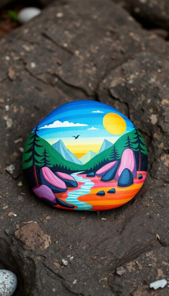 Generate an image of a beautifully painted rock with a serene landscape design.