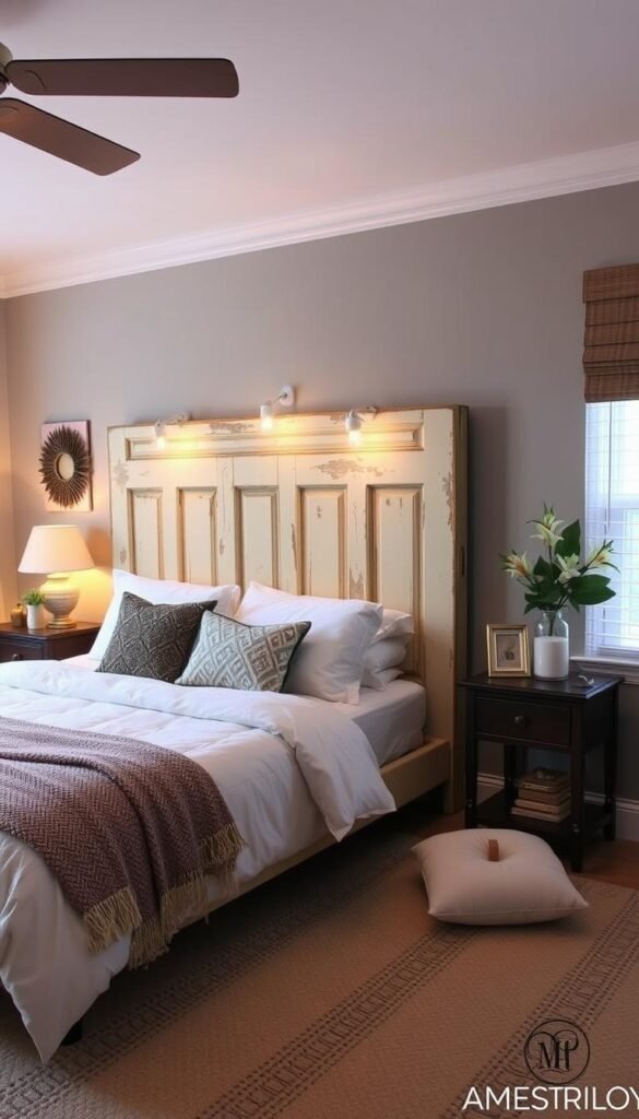 Generate an image of a bedroom with a headboard made from repurposed antique doors.