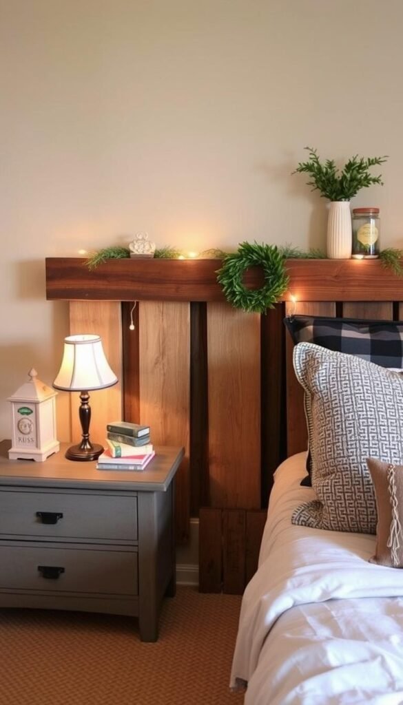 Generate an image of a bedroom with a salvaged fireplace mantel headboard