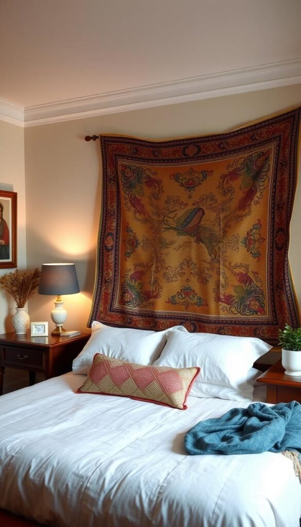 Generate an image of a bedroom with a vintage tapestry hung behind the bed as a headboard.
