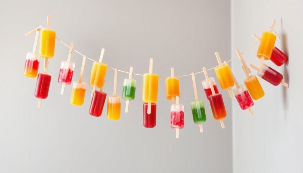 Generate an image of a colorful popsicle garland hanging on a wall.