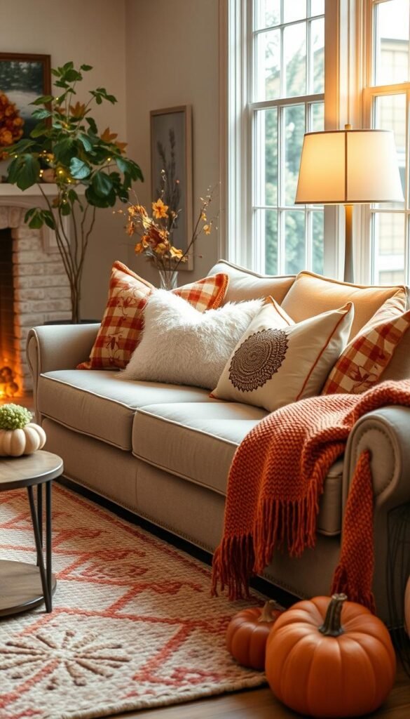 Generate an image of a cozy living room with fall-themed pillows, throws, and rugs.