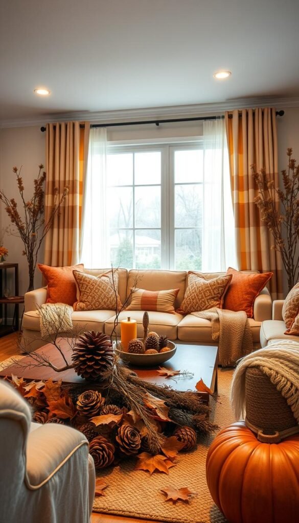Generate an image of a cozy living room with natural fall elements like pinecones, branches, and dried flowers.