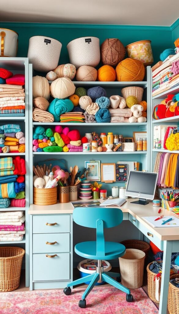 Generate an image of a craft room with various fabric and yarn supplies.