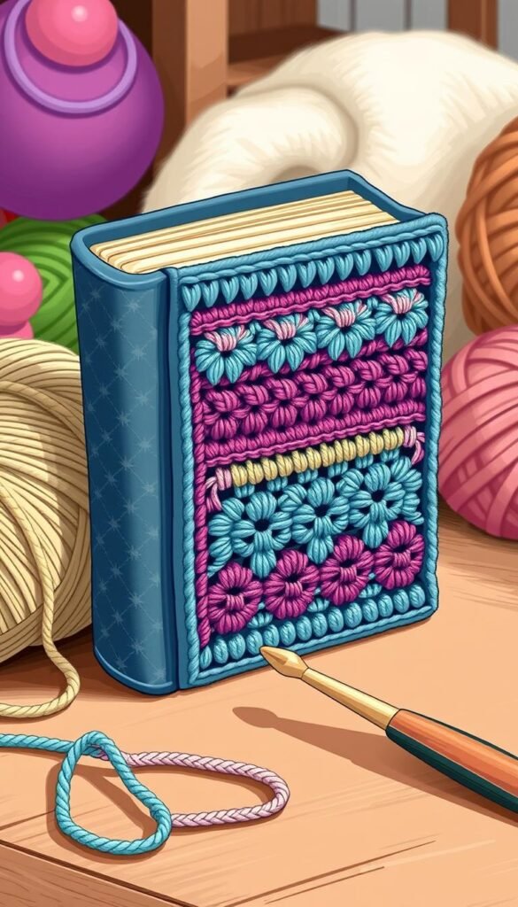 Generate an image of a crochet book sleeve with yarn and crochet hook.