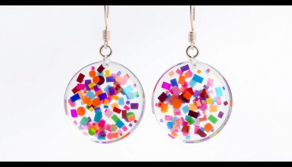 Generate an image of a pair of earrings with colorful confetti pieces embedded in clear resin.