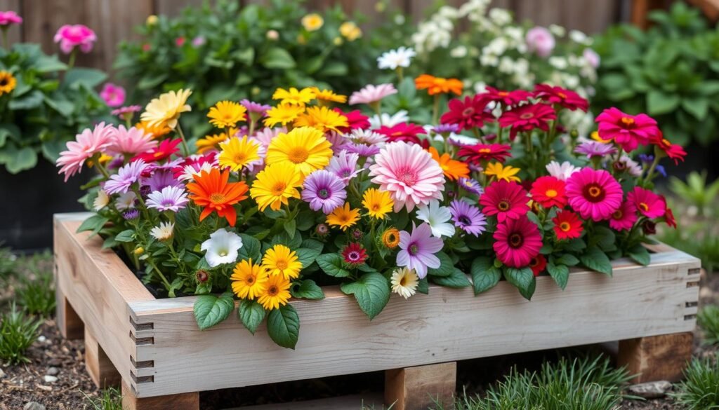 Generate an image of a pallet wood planter box filled with colorful flowers.