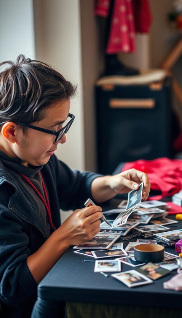 Generate an image of a person crafting with photos