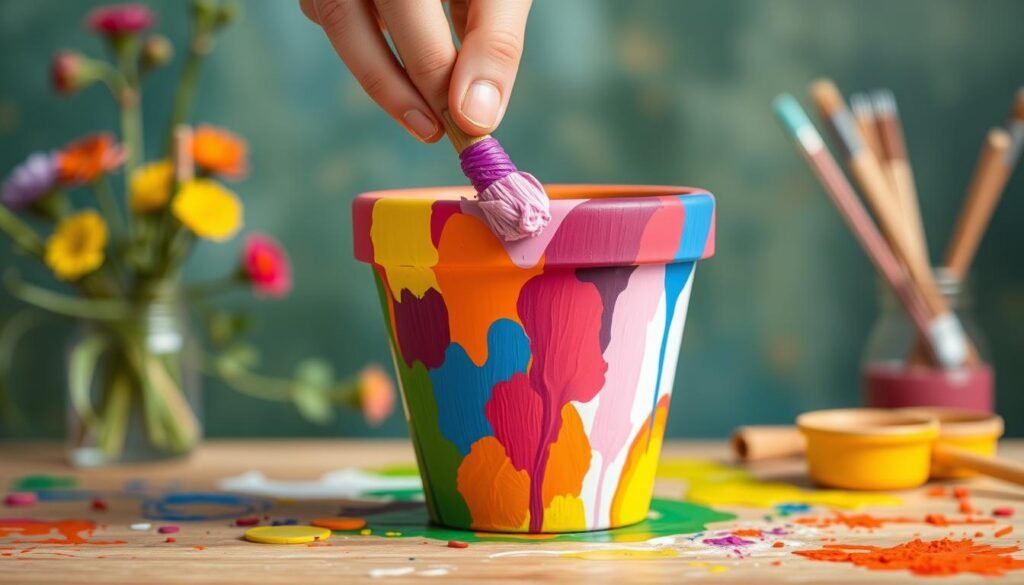 Generate an image of a plain flower pot being painted with bright colors.