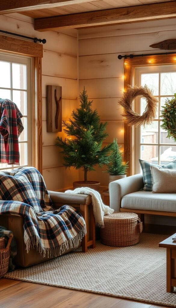 Generate an image of a rustic home decor scene with plaid blankets and wooden accents.