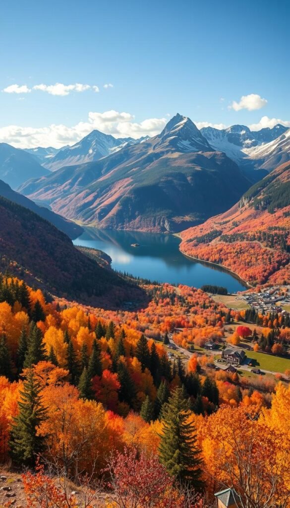 Generate an image of a scenic autumn landscape with panoramic views of mountains, lakes, and countryside settings transformed by fall colors.