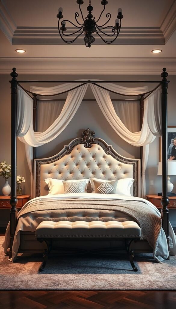 Generate an image of a serene bedroom with a canopy headboard