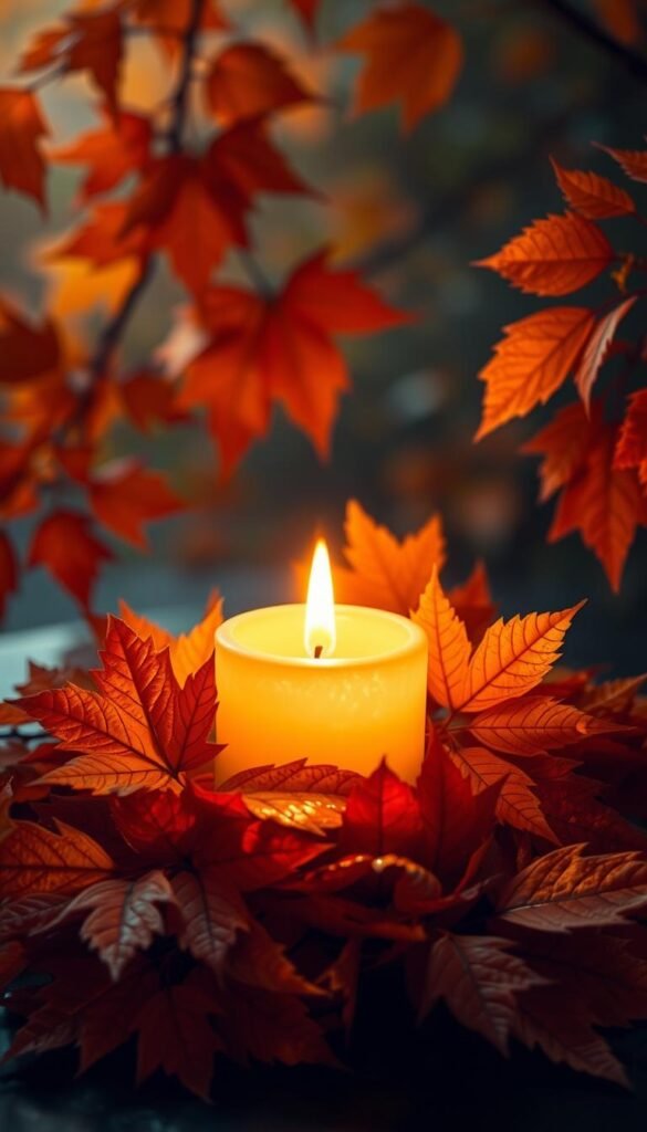 Generate an image of a serene candle scene with autumn leaves and soft lighting.